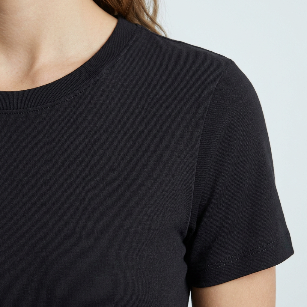 AI concept: black fitted T-shirt neckline and sleeve details