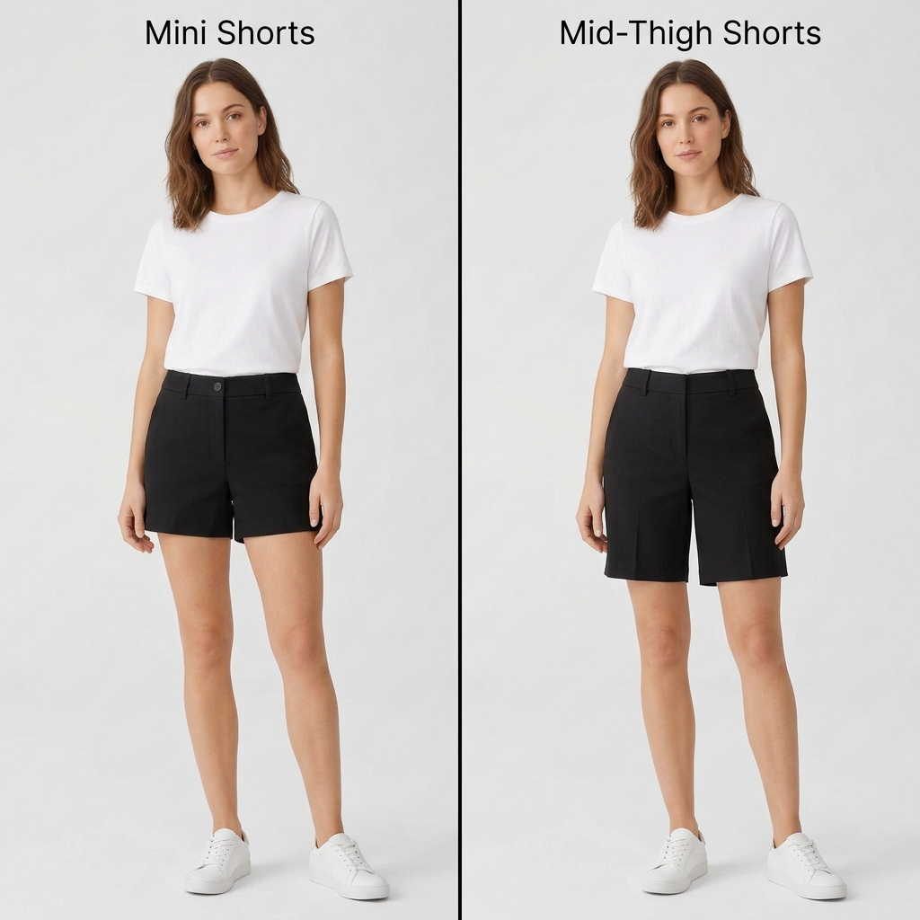 AI concept: mini shorts and mid-thigh shorts styling comparison