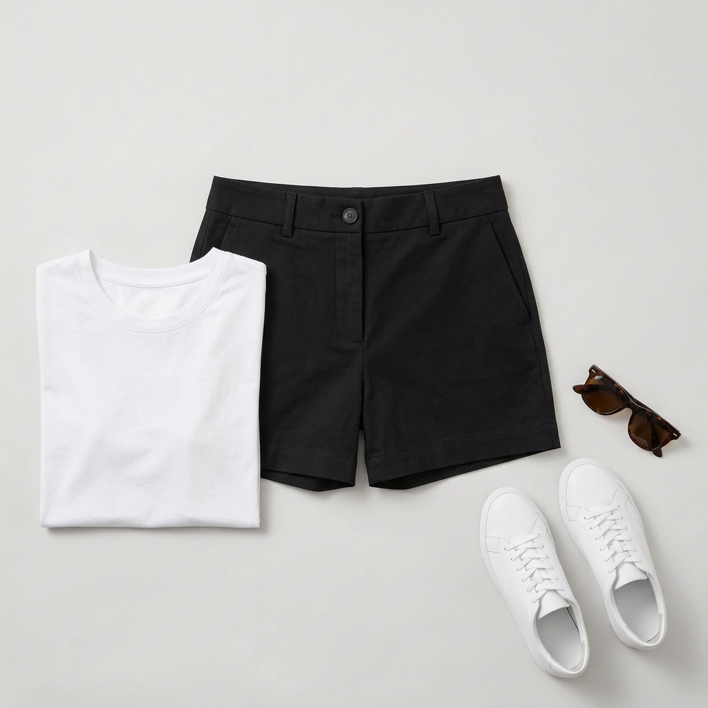 AI concept: black high-waisted mini shorts outfit flat lay