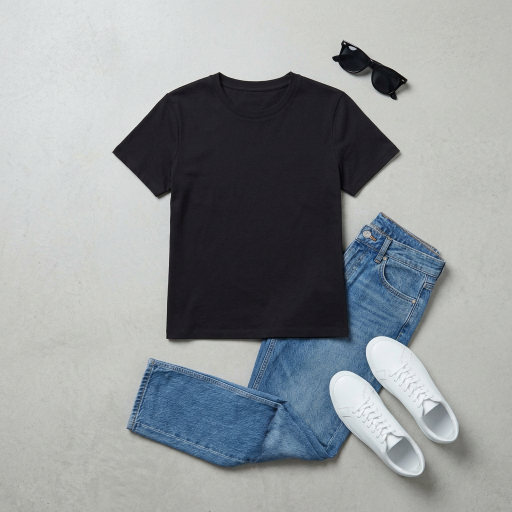 AI concept: black fitted T-shirt outfit flat lay