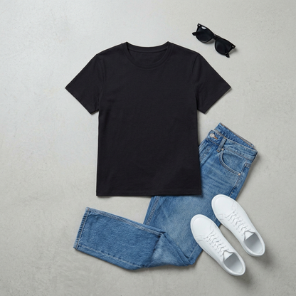AI concept: black fitted T-shirt outfit flat lay