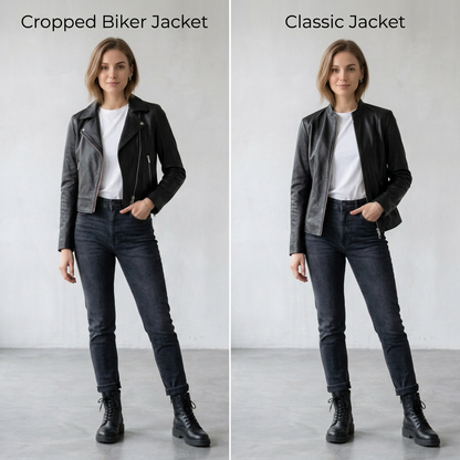 AI concept: cropped biker jacket and classic jacket styling comparison