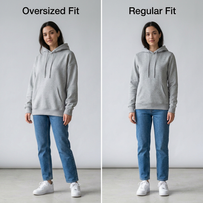 AI concept: oversized and regular-fit hoodie styling comparison