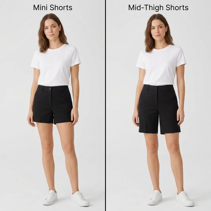 AI concept: mini shorts and mid-thigh shorts styling comparison