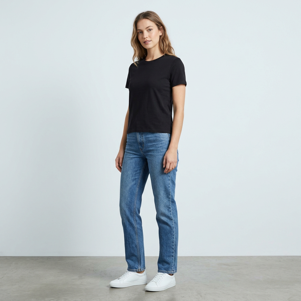 AI concept: adult young woman styling a black fitted T-shirt