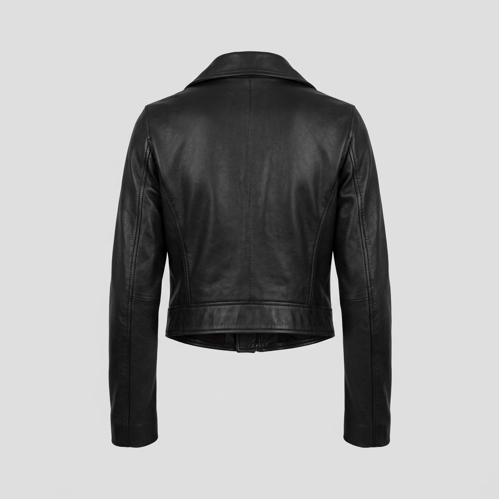 AI concept: black cropped biker jacket back view