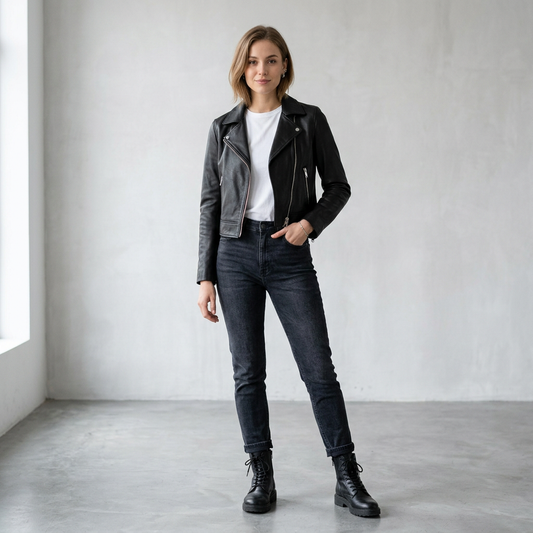 AI concept: adult young woman styling a black cropped biker jacket