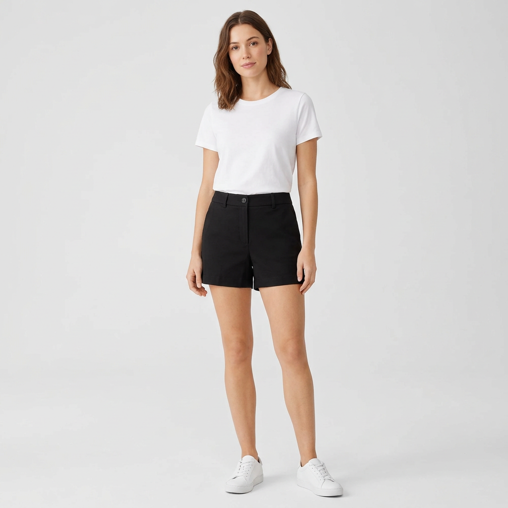 AI concept: adult young woman styling black high-waisted mini shorts
