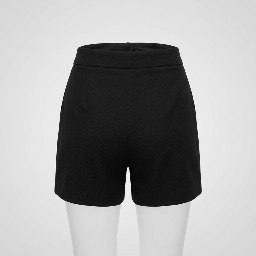 AI concept: black high-waisted mini shorts back view