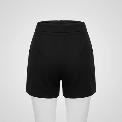 AI concept: black high-waisted mini shorts back view