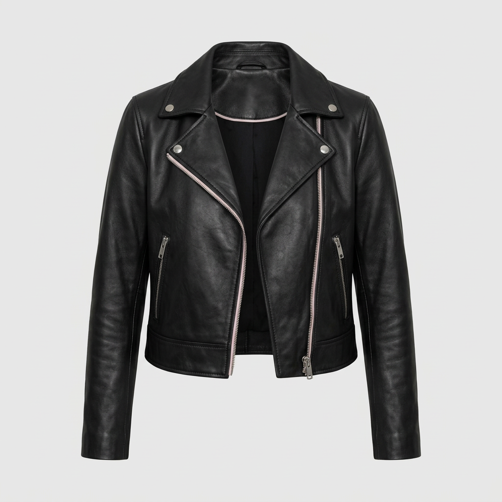 AI concept: black cropped biker jacket front view