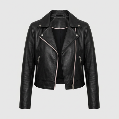AI concept: black cropped biker jacket front view