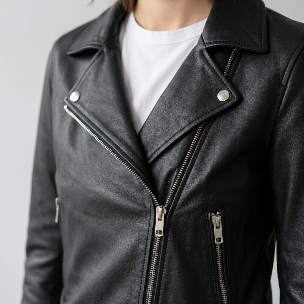 AI concept: black biker jacket lapel and zipper details