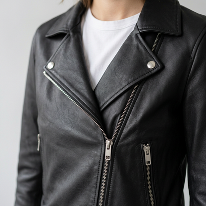 AI concept: black biker jacket lapel and zipper details