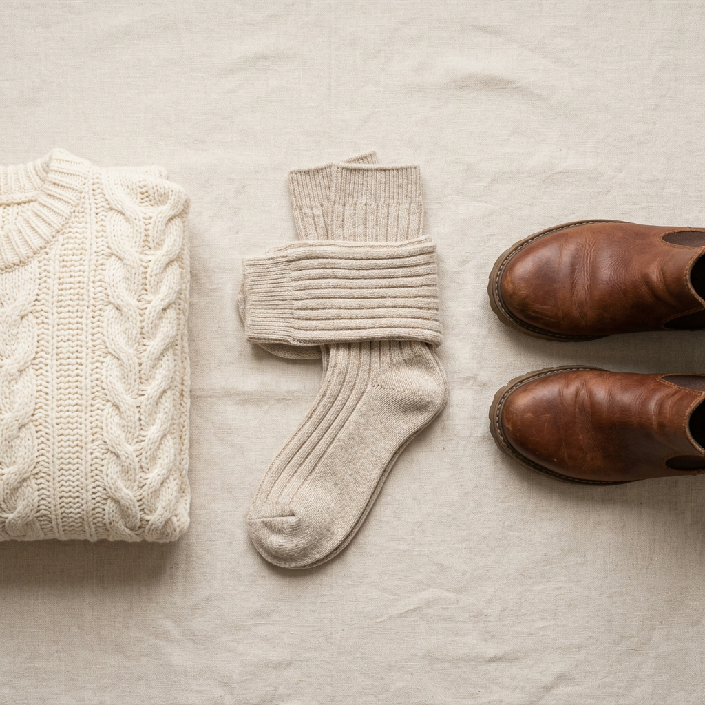 AI concept: women's winter socks outfit flat lay