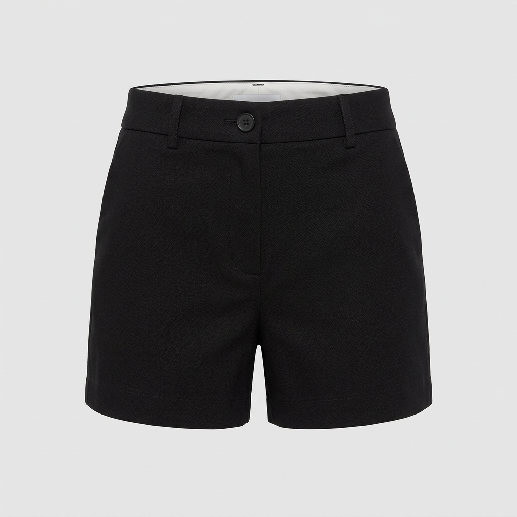AI concept: black high-waisted mini shorts front view