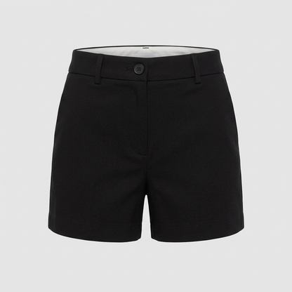 AI concept: black high-waisted mini shorts front view