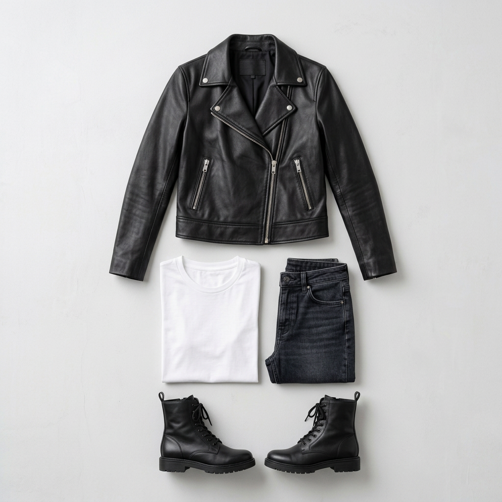 AI concept: black cropped biker jacket outfit flat lay