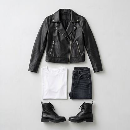AI concept: black cropped biker jacket outfit flat lay