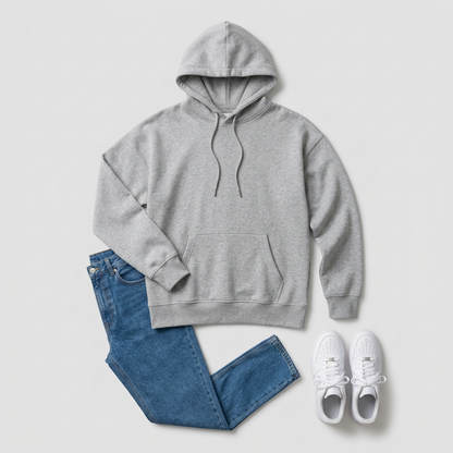 AI concept: gray oversized hoodie outfit flat lay