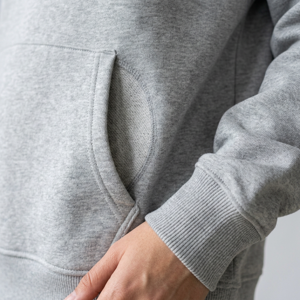 AI concept: gray hoodie pocket and cuff details